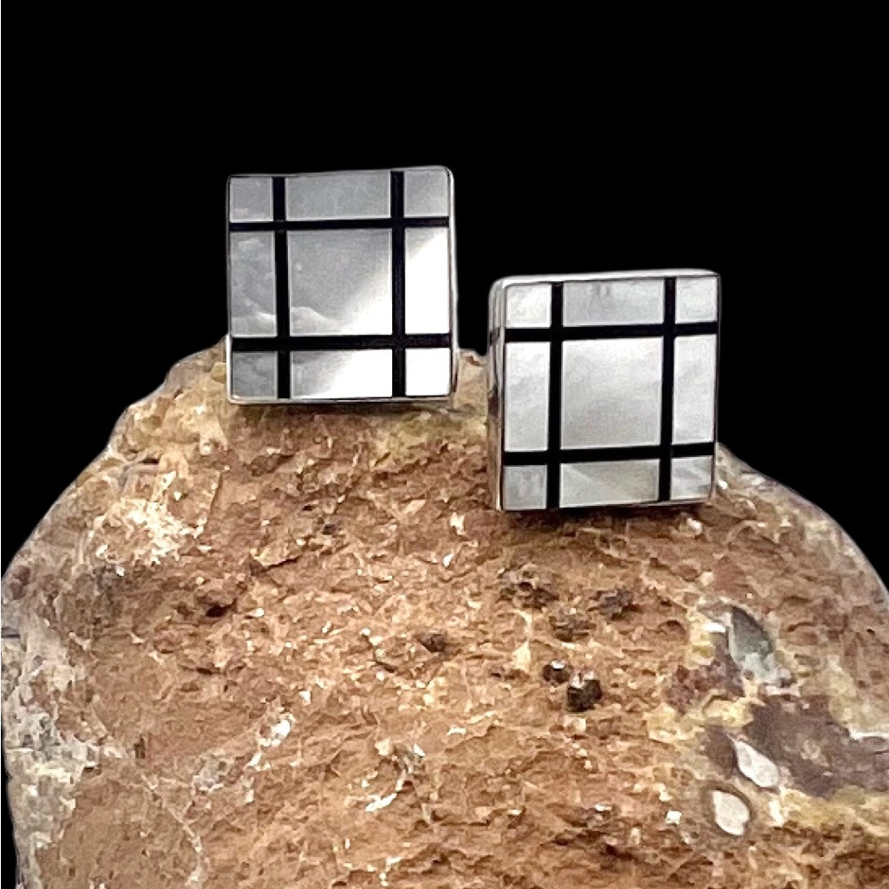 Vintage Great Falls Metal Works Sterling Silver Mother Of Pearl Inlay Cufflinks